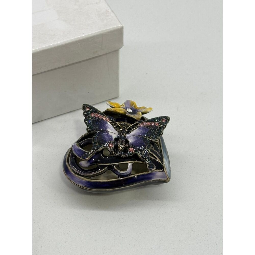 Vintage Enamel Heart Butterfly Trinket Box